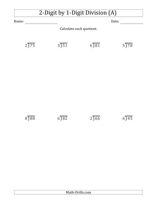 2 Digit By 1 Digit Long Division With Remainders And Steps Shown On