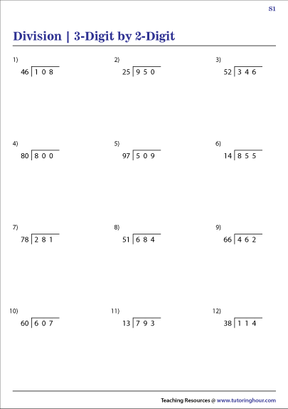 3 Digit By 2 Digit Division Worksheets