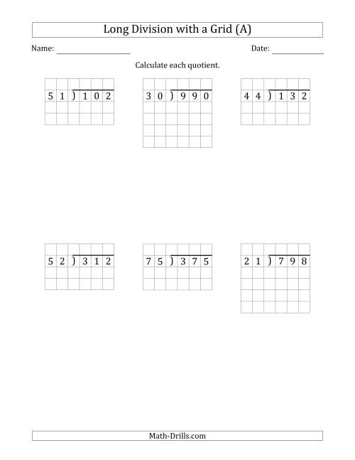 3 Digit By 2 Digit Long Division With Grid Assistance And NO Remainders 