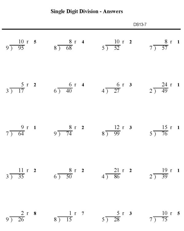 BlueBonkers Division Worksheets Single Digit With Remainder P7 