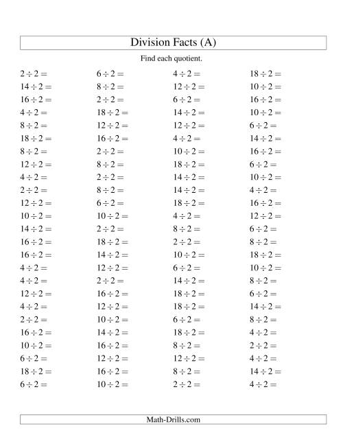 Dividing By 2 With Quotients From 1 To 9 A