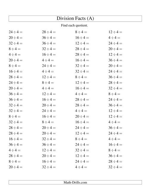 Dividing By 4 With Quotients From 1 To 9 A 