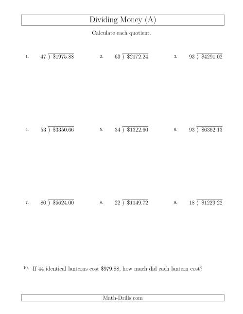 Dividing Dollar Amounts By Two Digit Divisors A