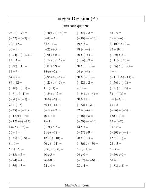 Dividing Integers Mixed Signs Range 12 To 12 A 