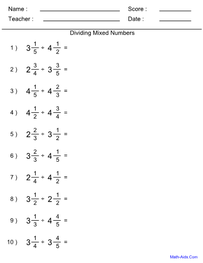 Dividing Mixed Numbers Worksheet