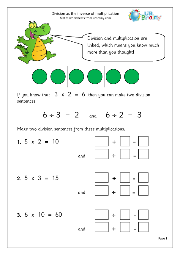 Division As The Inverse Of Multiplication Division Maths Worksheets For Year 2 age 6 7 By 