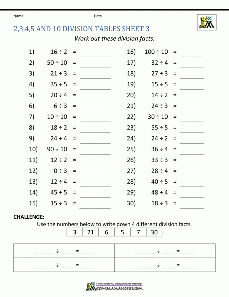 Division Facts Worksheets