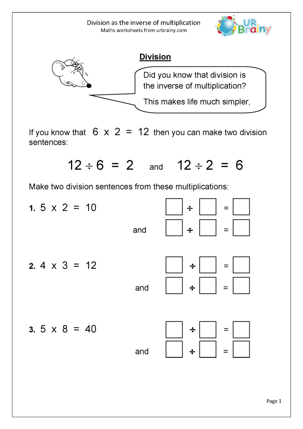 Division Inverse Of Multiplication Division Maths Worksheets For