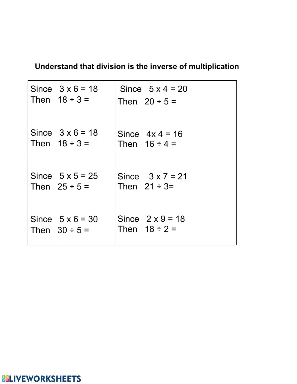 Division Is The Inverse Of Multiplication Interactive Worksheet