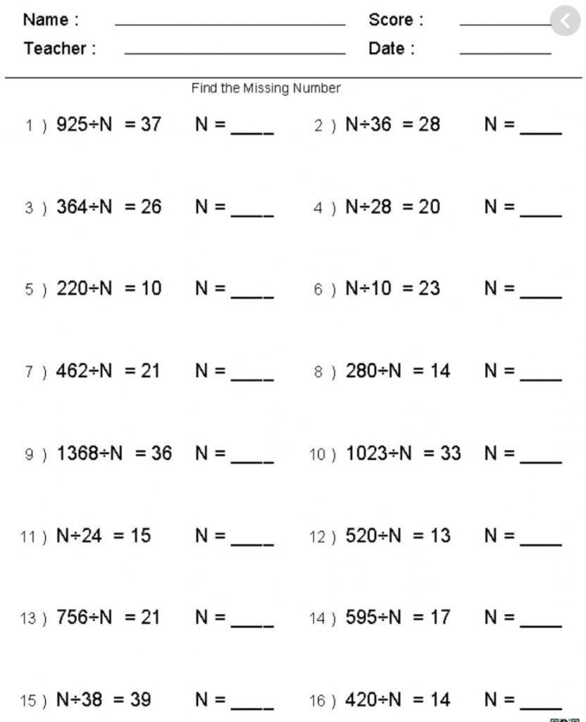 Division Missing Numbers Worksheet