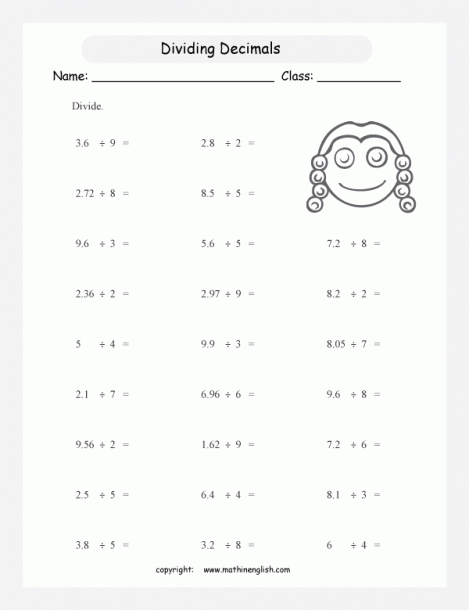 Division Of Decimals By Whole Numbers Worksheets Worksheets Master