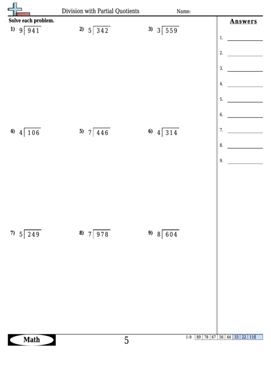 Division With Partial Quotients Division Worksheet With Answers