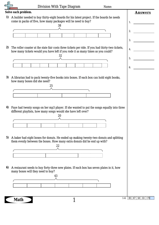 Division With Tape Diagram Math Worksheet With Answers Printable Pdf