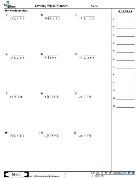 Division Worksheets Dividing Whole Numbers Worksheet Division 