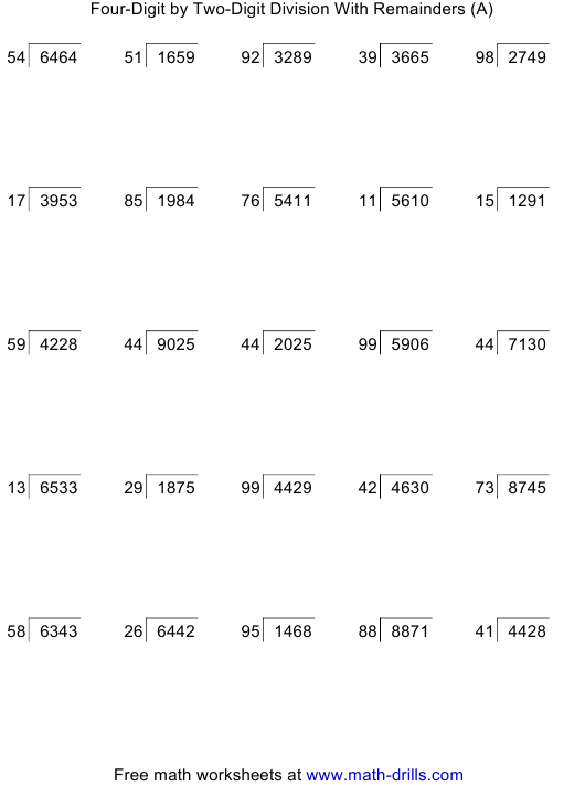 Four Digit By Two Digit Division With Remainders Worksheet With Answer 