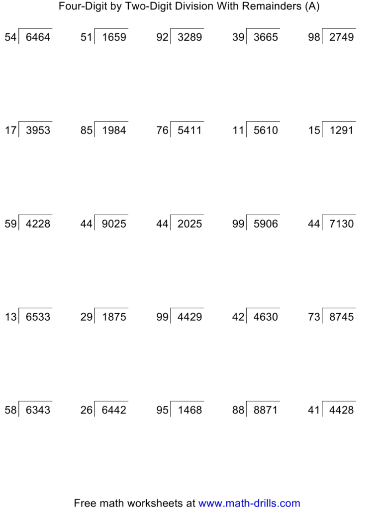 Four Digit By Two Digit Division With Remainders Worksheet With Answer 