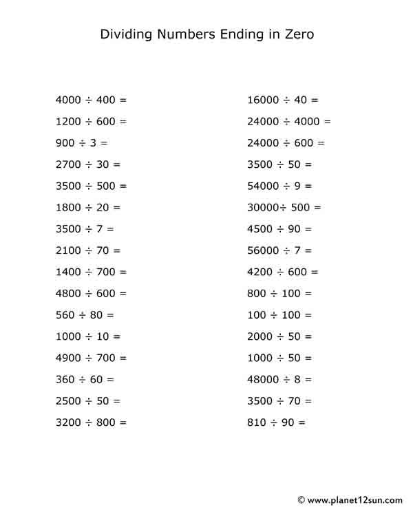 Free Printable Worksheet Dividing Large Numbers Ending In Zero 