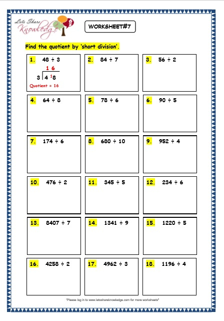 Grade 3 Maths Worksheets Division 6 6 Short Division Without 