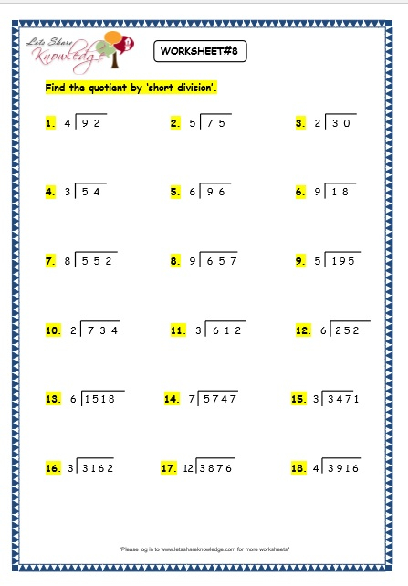 Grade 3 Maths Worksheets Division 6 6 Short Division Without