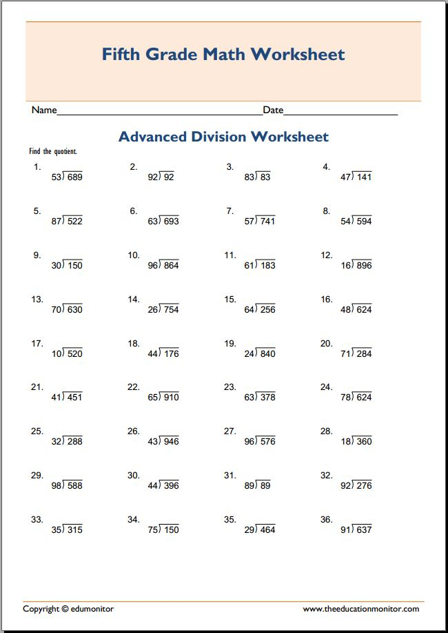 Grade 5 Division Worksheets