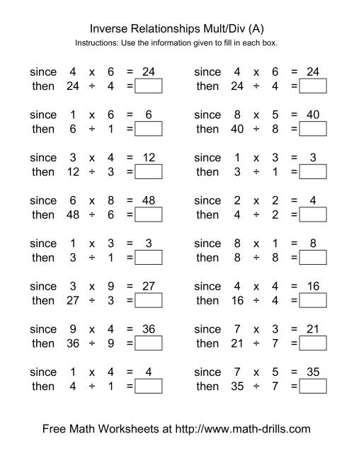 Inverse Relationships Multiplication And Division Range 1 To 9 A 