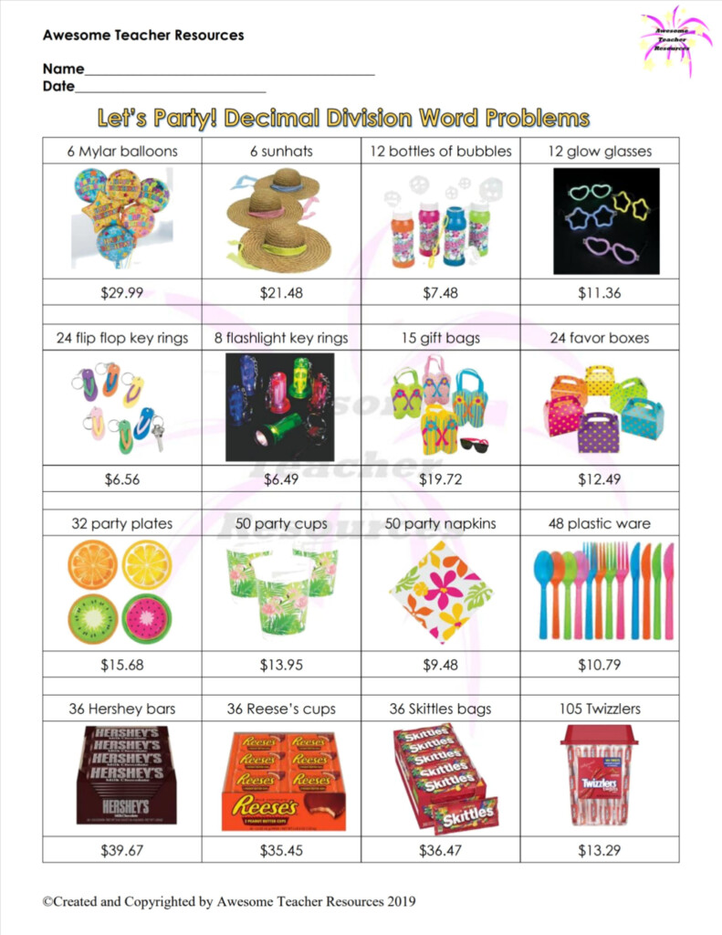 Let s Party Decimal Division Word Problems Worksheet Decimal Word Problems Word Problem 