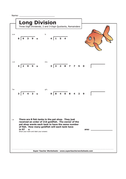 Long Division 3 Digit Dividends Math Worksheet With Answer Key 