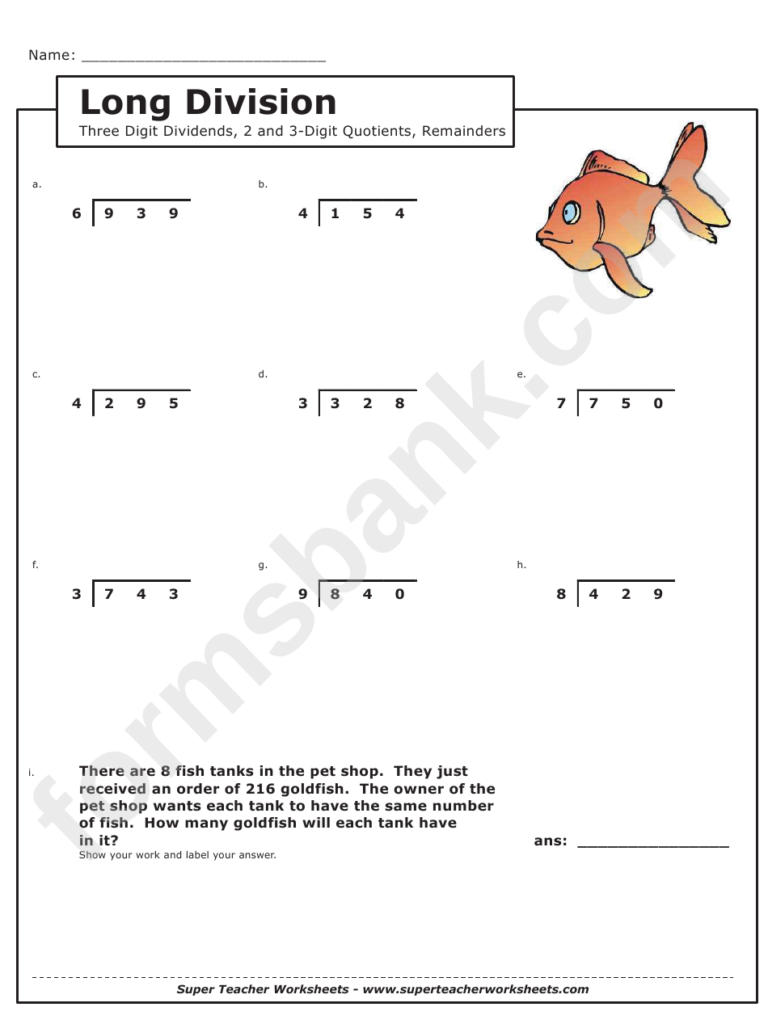 Long Division 3 Digit Dividends Math Worksheet With Answer Key 