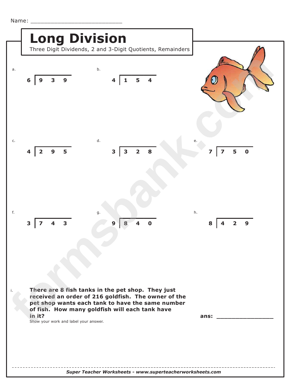 Long Division 3 Digit Dividends Math Worksheet With Answer Key 