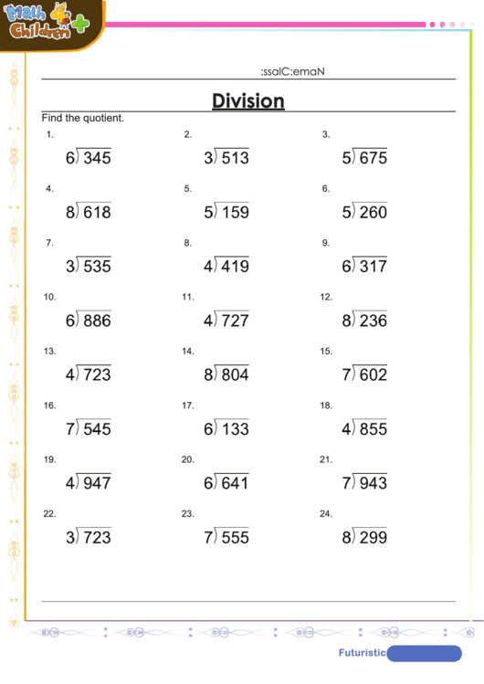 Long Division With Remainder Worksheet With Answer Key Printable Pdf