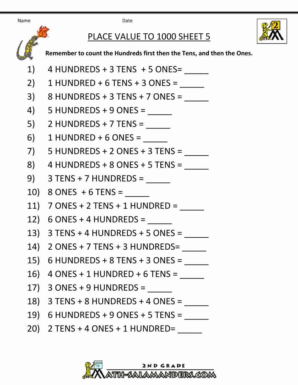 Math Place Value Worksheets To 1000 Place Value Worksheets Math 