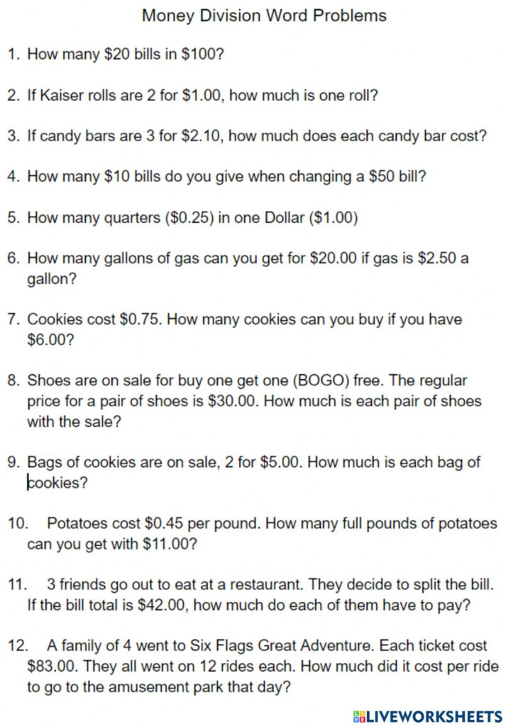 Money Division Word Problems Worksheet