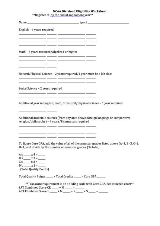 Ncaa Division I Eligibility Worksheet Printable Pdf Download