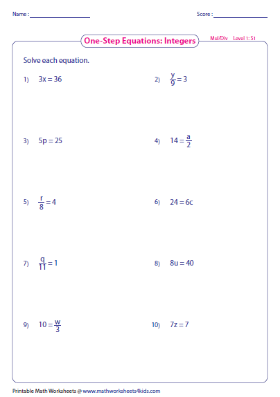 One Step Equation Multiplication And Division