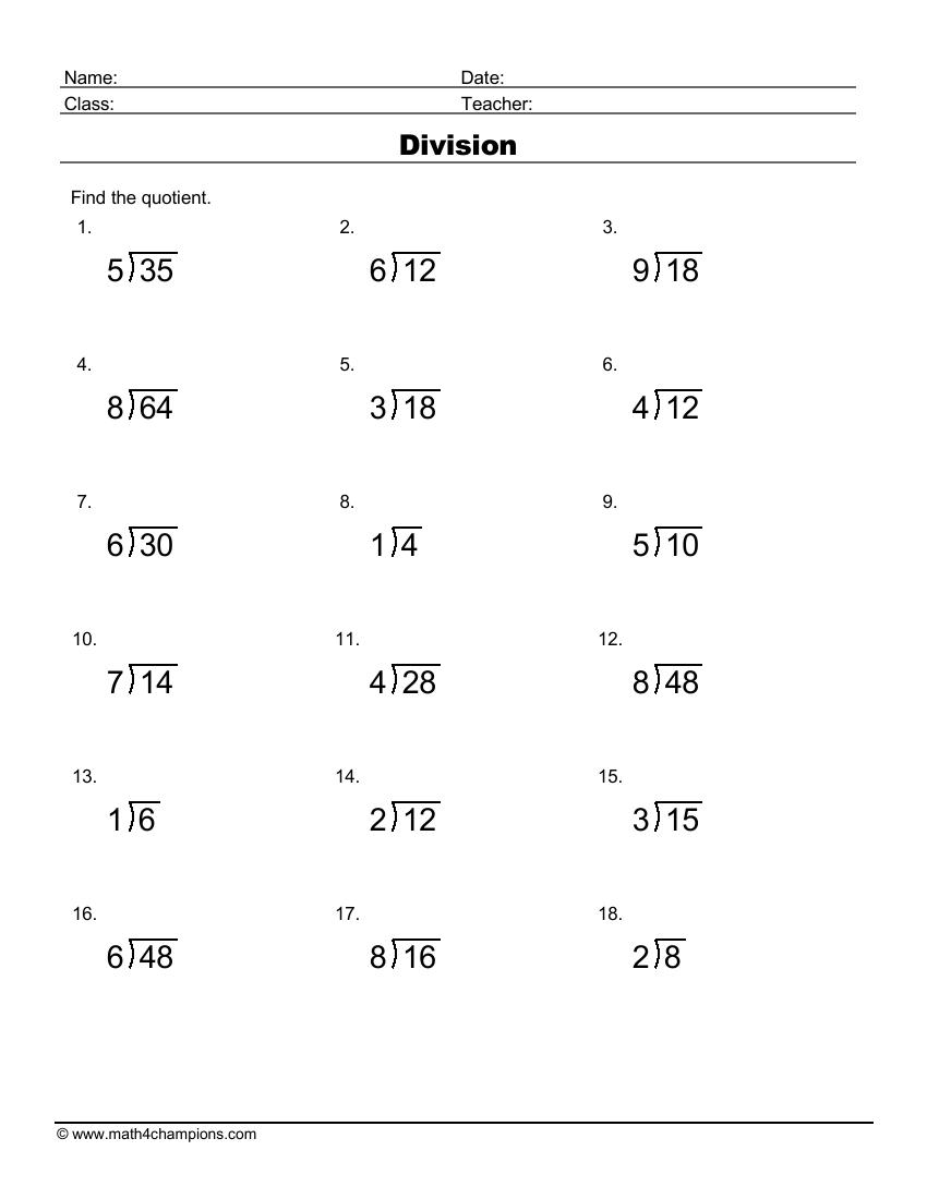 Printable Division Worksheets For Teachers MATH ZONE FOR KIDS