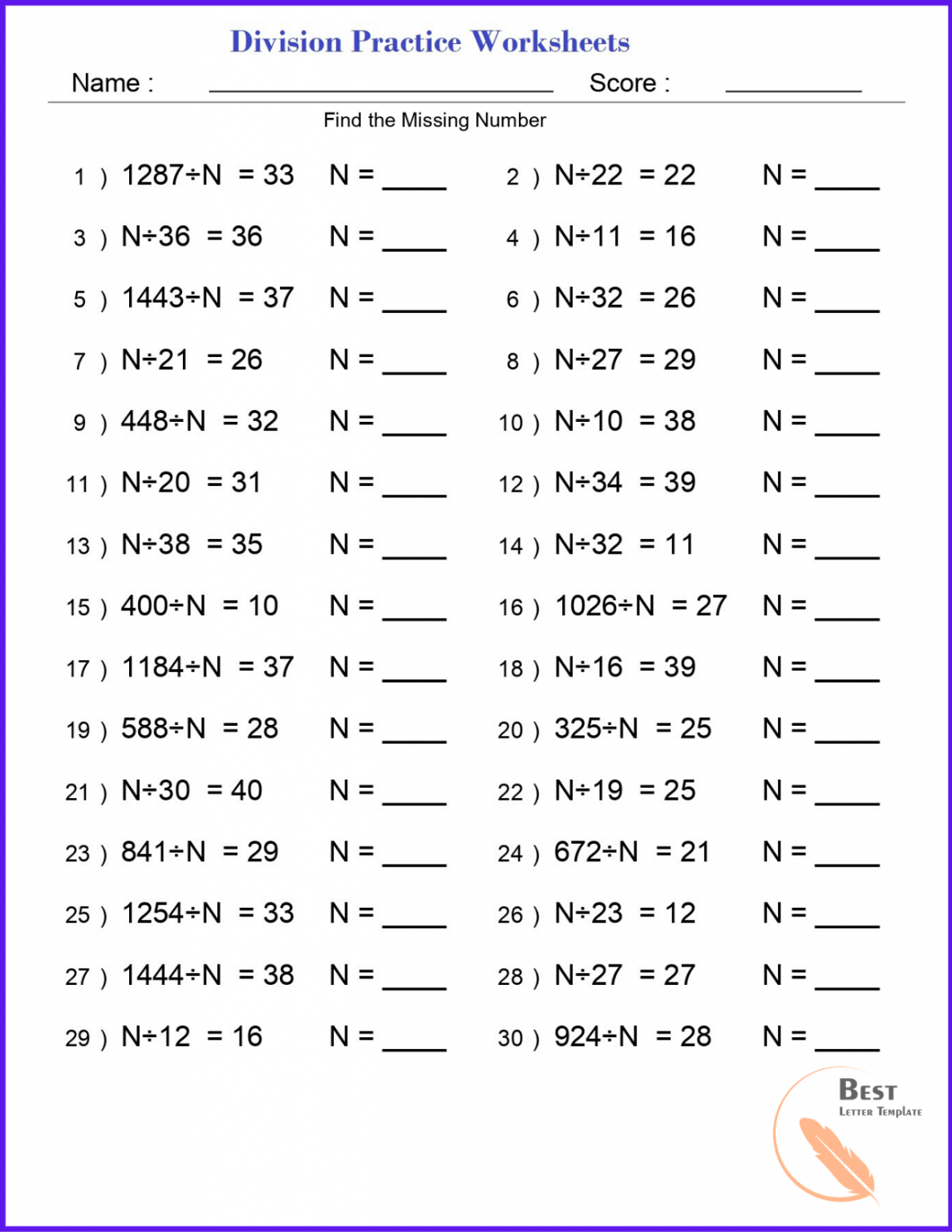 Printable Long Division Worksheets Questions PDF