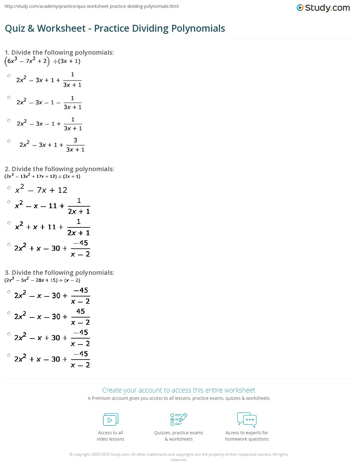 Quiz Worksheet Practice Dividing Polynomials Study