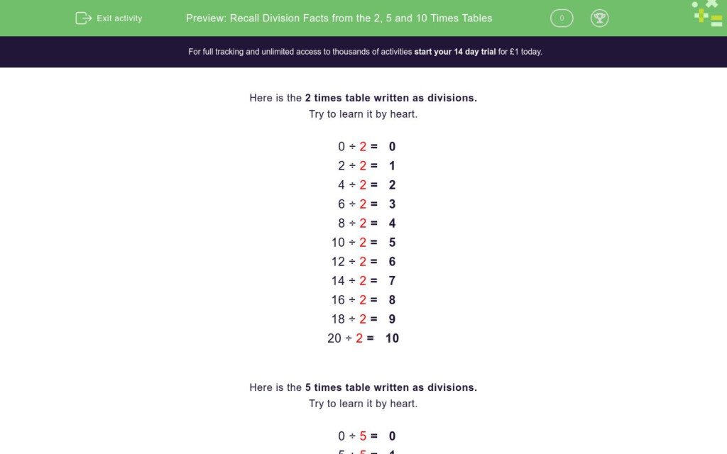 Recall Division Facts From The 2 5 And 10 Times Tables Worksheet EdPlace