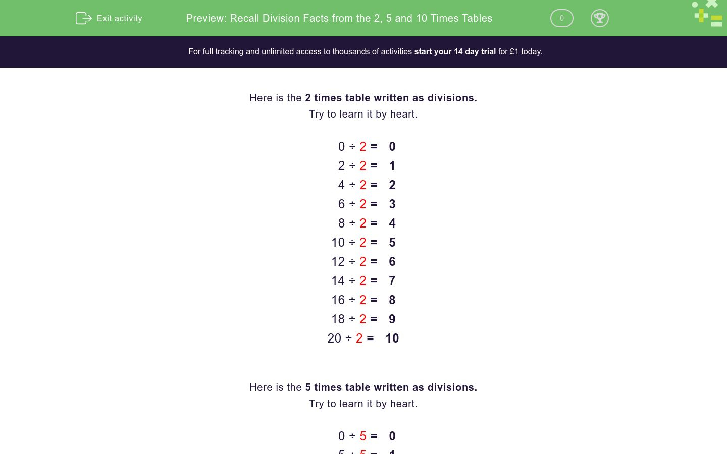 Recall Division Facts From The 2 5 And 10 Times Tables Worksheet EdPlace