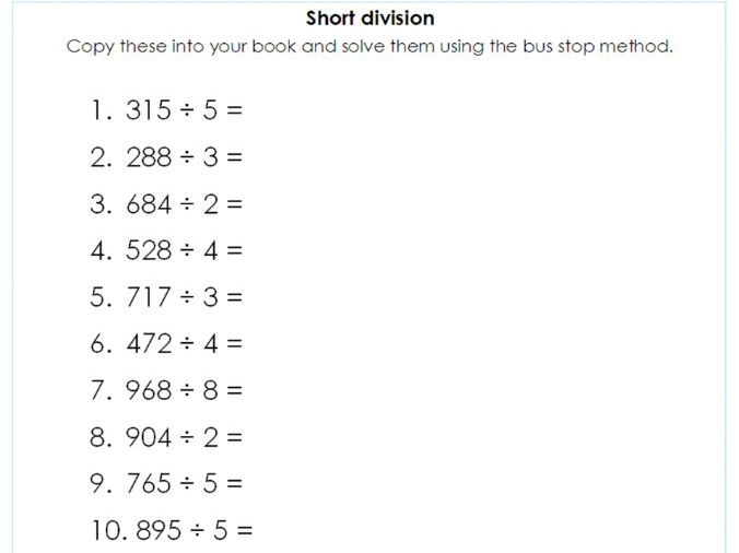 Short Division Problems Year 5 Pic nation