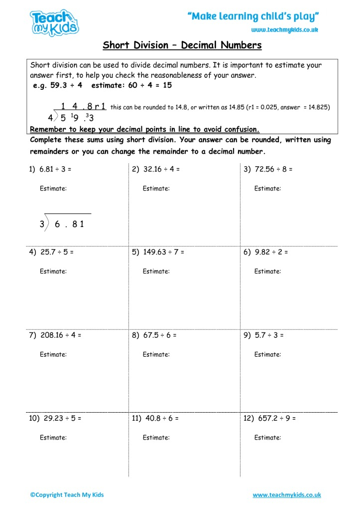 Short Division Sums Decimal Numbers TMK Education