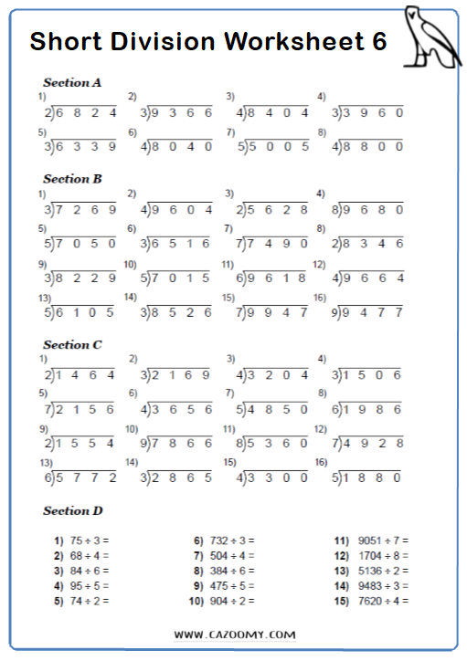 Short Division Worksheets Practice Questions And Answers Cazoomy