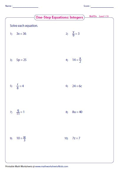 Solve One Step Equation Multiplication And Division One Step 