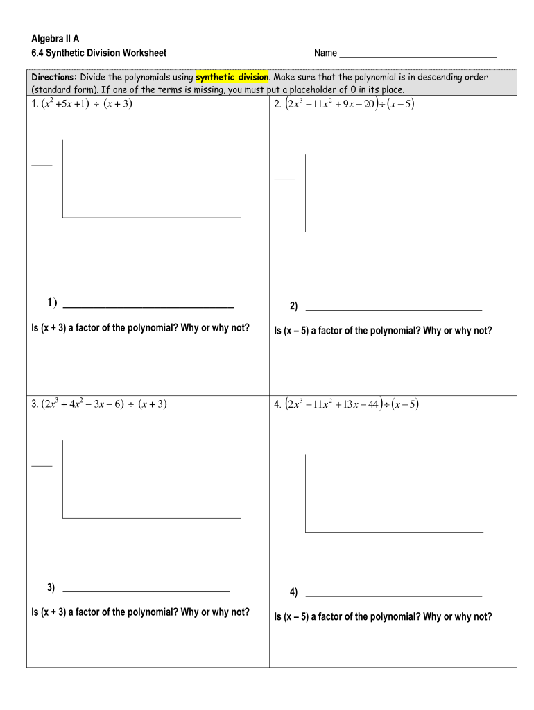 Synthetic Division Worksheet Fill Online Printable Fillable Blank