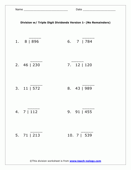 Triple Digit Dividends Worksheet Version 1 No Remainders Worksheet