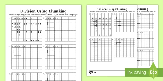 UKS2 Division Using Chunking Differentiated Worksheet Worksheets