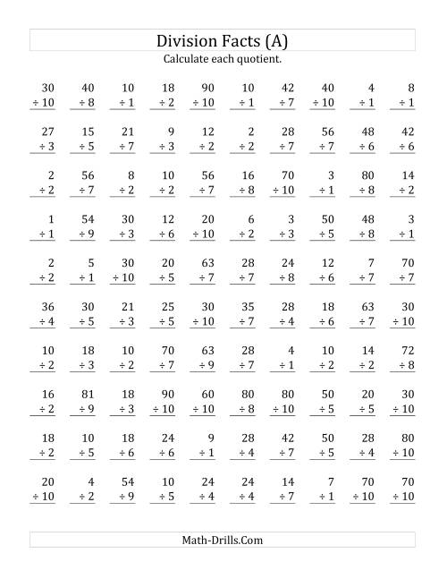 Vertically Arranged Division Facts To 100 A