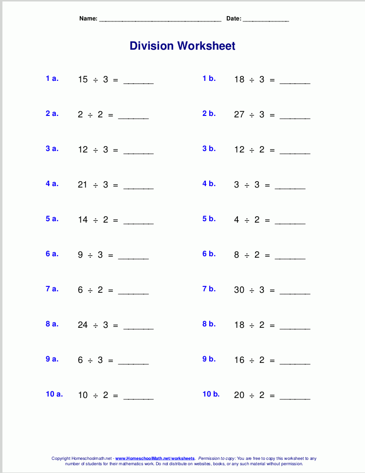 Worksheets For Basic Division Facts grades 3 4 