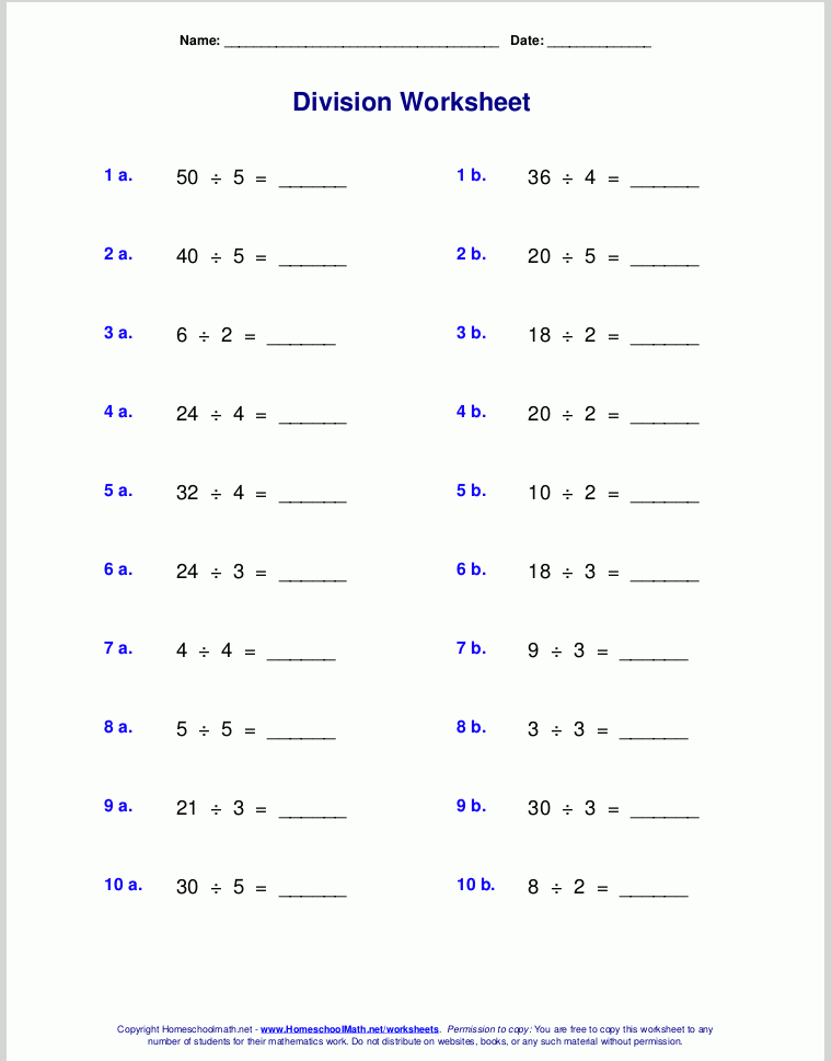 Worksheets For Basic Division Facts grades 3 4 