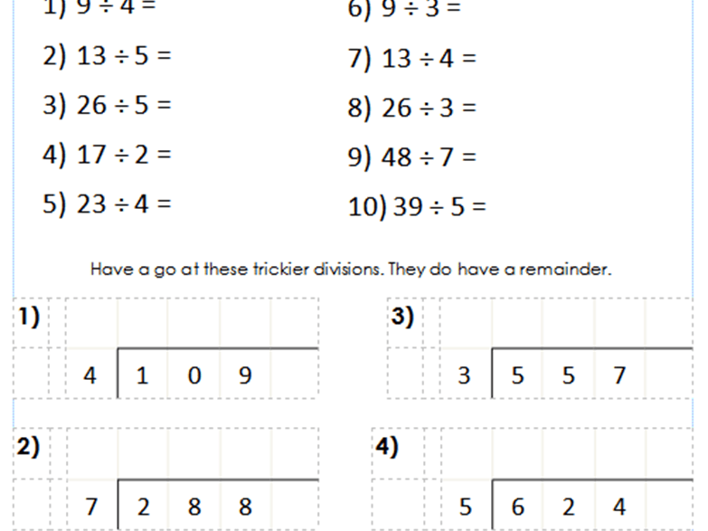 Year 5 6 Short Division bus Stop Introducing Remainders Worksheets 